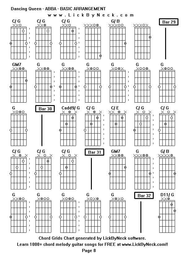 Chord Grids Chart of chord melody fingerstyle guitar song-Dancing Queen - ABBA - BASIC ARRANGEMENT,generated by LickByNeck software.